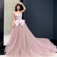 Charming Blushing Pink Evening Dresses  2019 A-Line / Princess Spaghetti Straps Sleeveless Bow Sash Court Train Ruffle Backless Formal Dresses