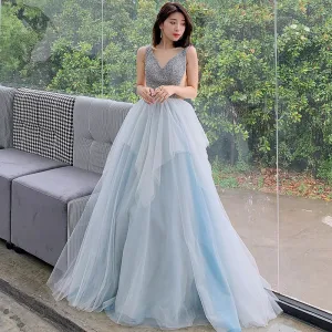 Chic Beautiful Sky Blue Evening Dresses 2019 A Line Princess V Neck Sleeveless Beading Floor Length Long Ruffle Backless Formal Dresses