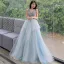 Chic / Beautiful Sky Blue Evening Dresses  2019 A-Line / Princess V-Neck Sleeveless Beading Floor-Length / Long Ruffle Backless Formal Dresses