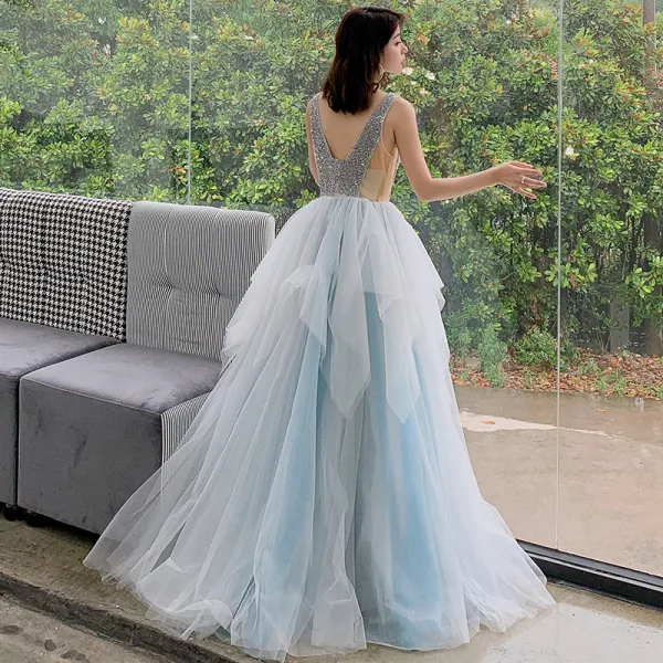 Chic / Beautiful Sky Blue Evening Dresses 2019 A-Line / Princess V-Neck Sleeveless Beading Floor-Length / Long Ruffle Backless Formal Dresses