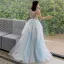 Chic / Beautiful Sky Blue Evening Dresses  2019 A-Line / Princess V-Neck Sleeveless Beading Floor-Length / Long Ruffle Backless Formal Dresses