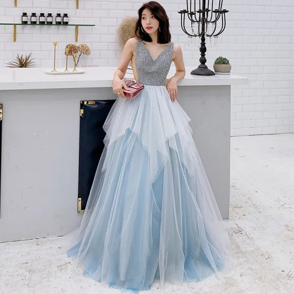 Chic / Beautiful Sky Blue Evening Dresses 2019 A-Line / Princess V-Neck Sleeveless Beading Floor-Length / Long Ruffle Backless Formal Dresses