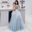 Chic / Beautiful Sky Blue Evening Dresses  2019 A-Line / Princess V-Neck Sleeveless Beading Floor-Length / Long Ruffle Backless Formal Dresses