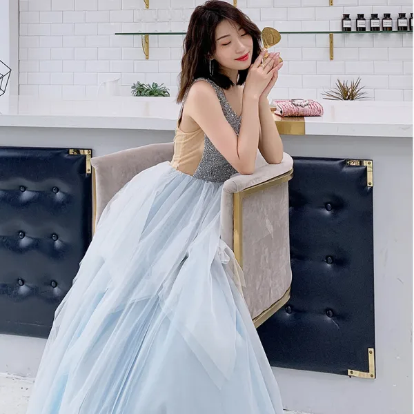 Chic / Beautiful Sky Blue Evening Dresses 2019 A-Line / Princess V-Neck Sleeveless Beading Floor-Length / Long Ruffle Backless Formal Dresses