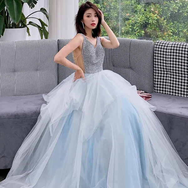 Chic / Beautiful Sky Blue Evening Dresses 2019 A-Line / Princess V-Neck Sleeveless Beading Floor-Length / Long Ruffle Backless Formal Dresses