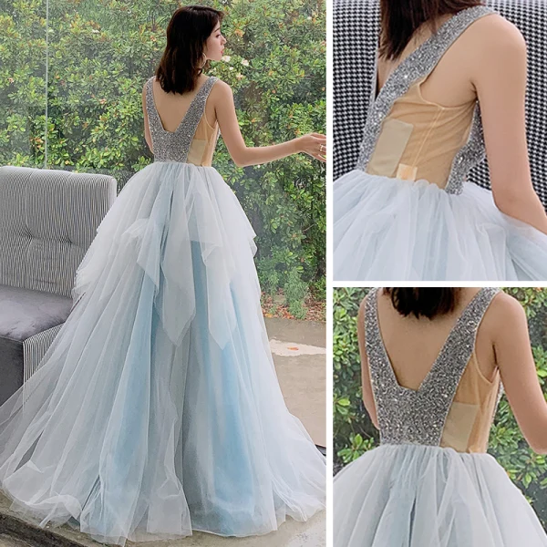 Chic / Beautiful Sky Blue Evening Dresses 2019 A-Line / Princess V-Neck Sleeveless Beading Floor-Length / Long Ruffle Backless Formal Dresses