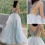 Chic / Beautiful Sky Blue Evening Dresses  2019 A-Line / Princess V-Neck Sleeveless Beading Floor-Length / Long Ruffle Backless Formal Dresses