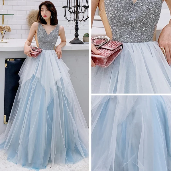Chic / Beautiful Sky Blue Evening Dresses 2019 A-Line / Princess V-Neck Sleeveless Beading Floor-Length / Long Ruffle Backless Formal Dresses