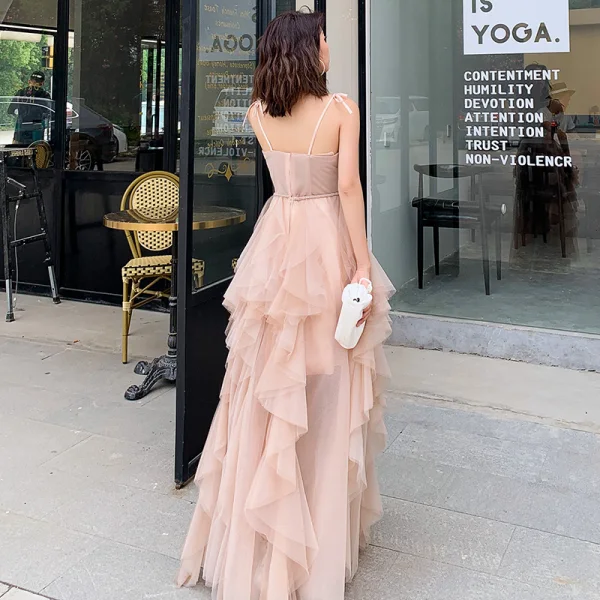 Abordable Kaki Robe De Soirée 2019 Princesse Bretelles Spaghetti Sans Manches Ceinture Longue Volants en Cascade Dos Nu Robe De Ceremonie