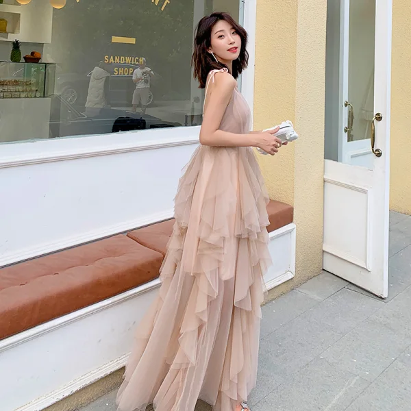 Abordable Kaki Robe De Soirée 2019 Princesse Bretelles Spaghetti Sans Manches Ceinture Longue Volants en Cascade Dos Nu Robe De Ceremonie