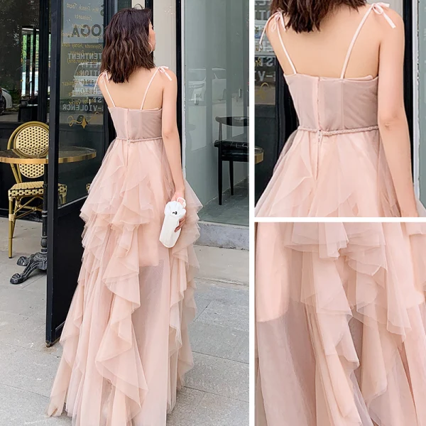 Abordable Kaki Robe De Soirée 2019 Princesse Bretelles Spaghetti Sans Manches Ceinture Longue Volants en Cascade Dos Nu Robe De Ceremonie