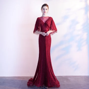 Luxe Bordeaux Robe De Soirée 2019 Princesse Transparentes V Cou Sans Manches Perlage Gland Train De Balayage Volants Robe De Ceremonie