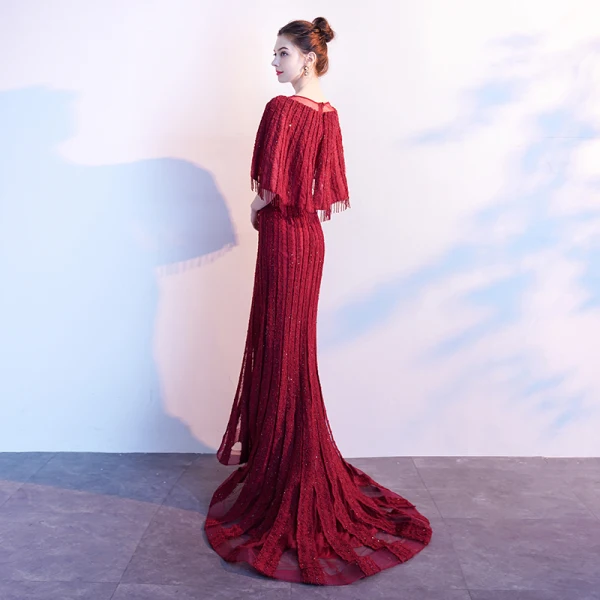 Luxury / Gorgeous Burgundy Evening Dresses 2019 A-Line / Princess See-through V-Neck Sleeveless Beading Tassel Sweep Train Ruffle Formal Dresses