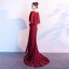 Luxury / Gorgeous Burgundy Evening Dresses  2019 A-Line / Princess See-through V-Neck Sleeveless Beading Tassel Sweep Train Ruffle Formal Dresses