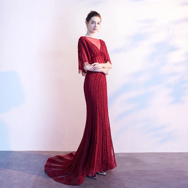 Luxury / Gorgeous Burgundy Evening Dresses 2019 A-Line / Princess See-through V-Neck Sleeveless Beading Tassel Sweep Train Ruffle Formal Dresses