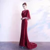 Luxury / Gorgeous Burgundy Evening Dresses  2019 A-Line / Princess See-through V-Neck Sleeveless Beading Tassel Sweep Train Ruffle Formal Dresses