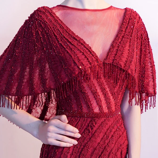 Luxury / Gorgeous Burgundy Evening Dresses 2019 A-Line / Princess See-through V-Neck Sleeveless Beading Tassel Sweep Train Ruffle Formal Dresses