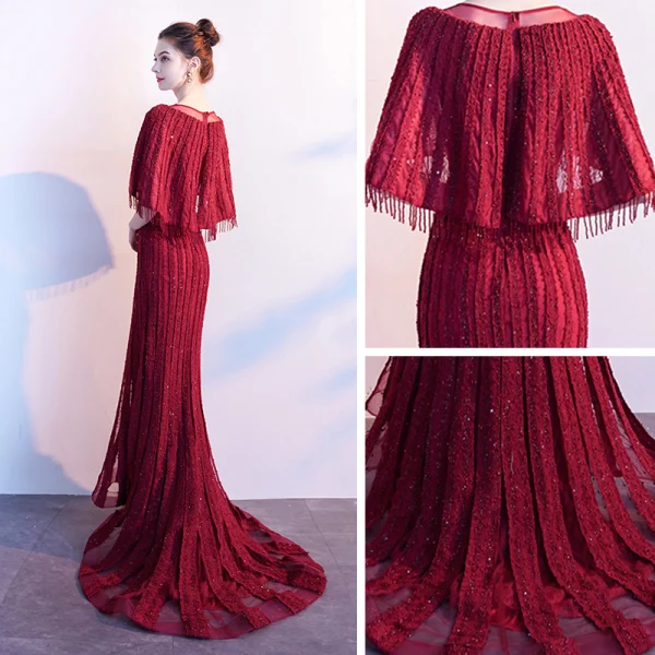 Luxury / Gorgeous Burgundy Evening Dresses 2019 A-Line / Princess See-through V-Neck Sleeveless Beading Tassel Sweep Train Ruffle Formal Dresses