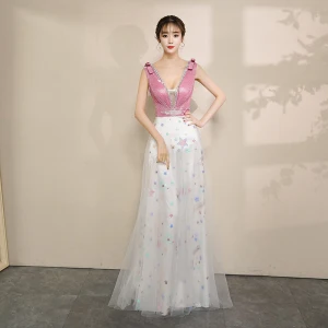 Charmant Rose Bonbon Blanche Robe De Soirée 2019 Princesse Col V Profond Sans Manches Glitter Polyester Dessin Animé Impression Longue Dos Nu Robe De Ceremonie