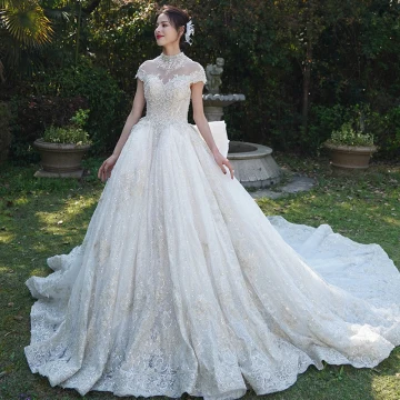 Vintage Retro Luxury Gorgeous See Through Champagne Wedding Dresses 2019 A Line Princess High Neck Short Sleeve Beading Appliques Lace Glitter Tulle Cathedral Train Ruffle