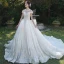 Vintage / Retro Luxury / Gorgeous See-through Champagne Wedding Dresses 2019 A-Line / Princess High Neck Short Sleeve Beading Appliques Lace Glitter Tulle Cathedral Train Ruffle