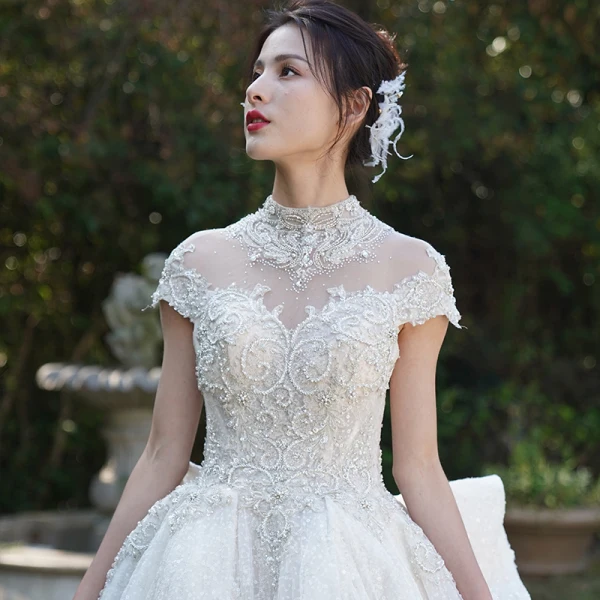 Vintage / Retro Luxury / Gorgeous See-through Champagne Wedding Dresses 2019 A-Line / Princess High Neck Short Sleeve Beading Appliques Lace Glitter Tulle Cathedral Train Ruffle