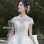 Vintage / Retro Luxury / Gorgeous See-through Champagne Wedding Dresses 2019 A-Line / Princess High Neck Short Sleeve Beading Appliques Lace Glitter Tulle Cathedral Train Ruffle