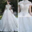 Vintage / Retro Luxury / Gorgeous See-through Champagne Wedding Dresses 2019 A-Line / Princess High Neck Short Sleeve Beading Appliques Lace Glitter Tulle Cathedral Train Ruffle