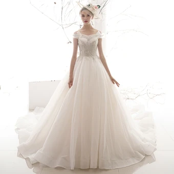Abordable Ivoire Robe De Mariée 2019 Princesse De L 039 Épaule Manches Courtes Dos Nu Perlage Glitter Tulle Chapel Train Volants