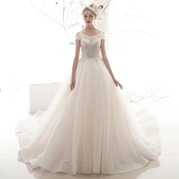 Affordable Ivory Wedding Dresses 2019 A Line Princess Off The Shoulder Short Sleeve Backless Beading Glitter Tulle Chapel Train Ruffle