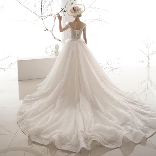 Affordable Ivory Wedding Dresses 2019 A-Line / Princess Off-The-Shoulder Short Sleeve Backless Beading Glitter Tulle Chapel Train Ruffle