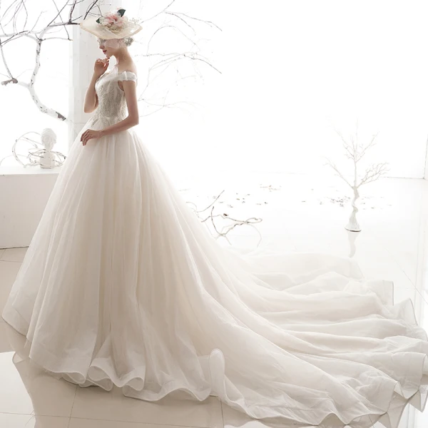 Affordable Ivory Wedding Dresses 2019 A-Line / Princess Off-The-Shoulder Short Sleeve Backless Beading Glitter Tulle Chapel Train Ruffle