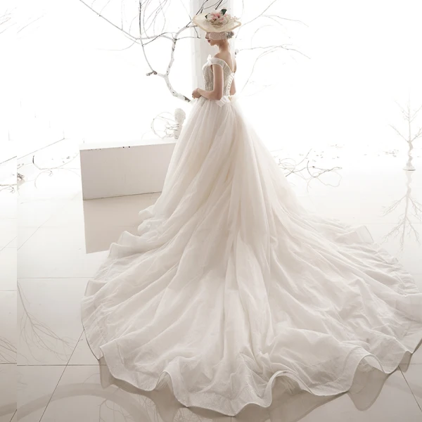 Affordable Ivory Wedding Dresses 2019 A-Line / Princess Off-The-Shoulder Short Sleeve Backless Beading Glitter Tulle Chapel Train Ruffle