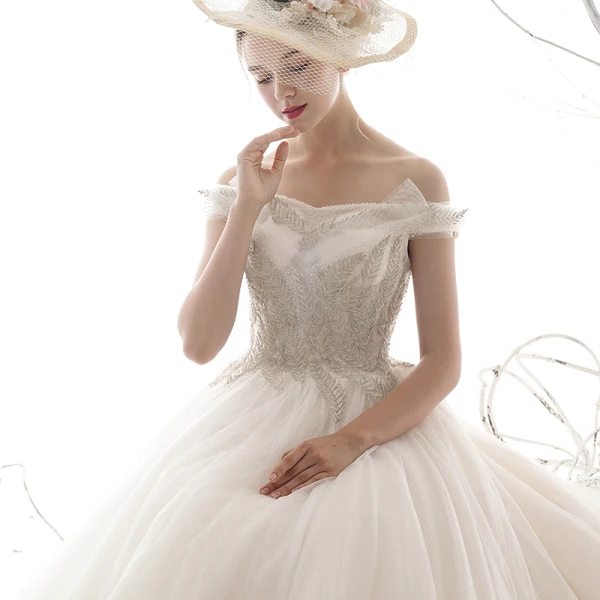 Affordable Ivory Wedding Dresses 2019 A-Line / Princess Off-The-Shoulder Short Sleeve Backless Beading Glitter Tulle Chapel Train Ruffle