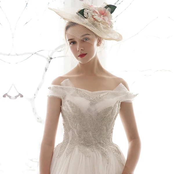 Affordable Ivory Wedding Dresses 2019 A-Line / Princess Off-The-Shoulder Short Sleeve Backless Beading Glitter Tulle Chapel Train Ruffle