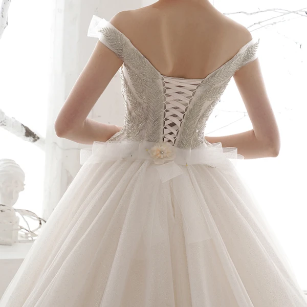 Affordable Ivory Wedding Dresses 2019 A-Line / Princess Off-The-Shoulder Short Sleeve Backless Beading Glitter Tulle Chapel Train Ruffle