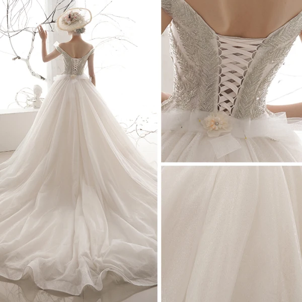 Affordable Ivory Wedding Dresses 2019 A-Line / Princess Off-The-Shoulder Short Sleeve Backless Beading Glitter Tulle Chapel Train Ruffle
