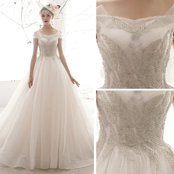 Affordable Ivory Wedding Dresses 2019 A-Line / Princess Off-The-Shoulder Short Sleeve Backless Beading Glitter Tulle Chapel Train Ruffle