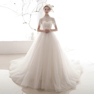 Vintage Retro Ivory See Through Wedding Dresses 2019 A Line Princess High Neck Short Sleeve Backless Sequins Beading Chapel Train Ruffle