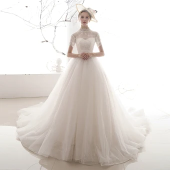 Vintage Originale Ivoire Transparentes Robe De Mariée 2019 Princesse Col Haut Manches Courtes Dos Nu Paillettes Perlage Chapel Train Volants