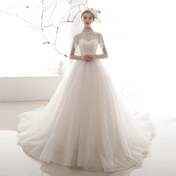 Vintage Retro Ivory See Through Wedding Dresses 2019 A Line Princess High Neck Short Sleeve Backless Sequins Beading Chapel Train Ruffle