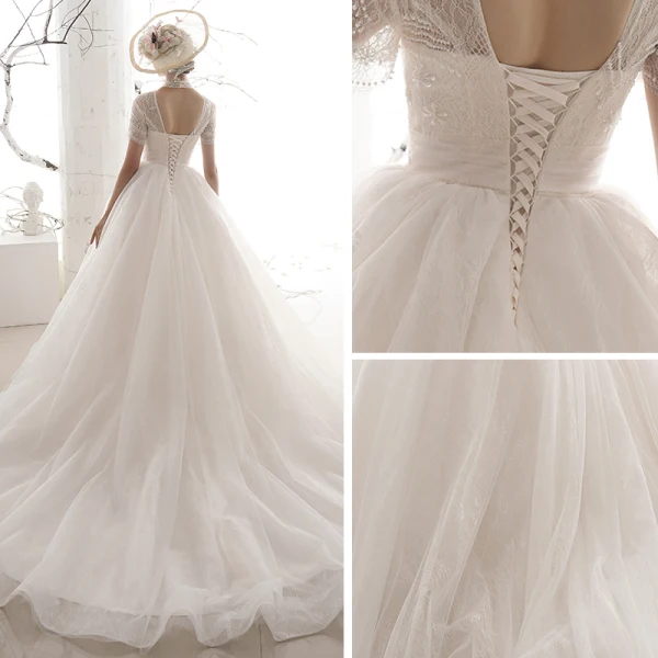 Vintage Ivory / Creme Durchsichtige Brautkleider / Hochzeitskleider 2019 A Linie Stehkragen Kurze Ärmel Rückenfreies Pailletten Perlenstickerei Kapelle-Schleppe Rüschen