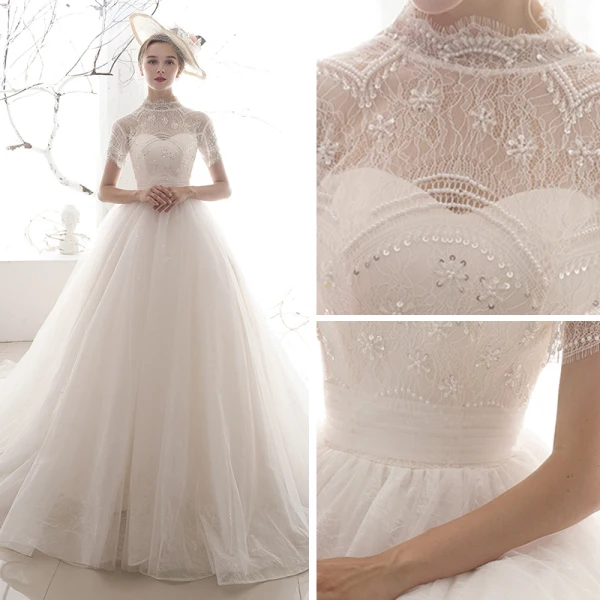 Vintage Ivory / Creme Durchsichtige Brautkleider / Hochzeitskleider 2019 A Linie Stehkragen Kurze Ärmel Rückenfreies Pailletten Perlenstickerei Kapelle-Schleppe Rüschen