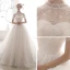Vintage Ivory / Creme Durchsichtige Brautkleider / Hochzeitskleider 2019 A Linie Stehkragen Kurze Ärmel Rückenfreies Pailletten Perlenstickerei Kapelle-Schleppe Rüschen
