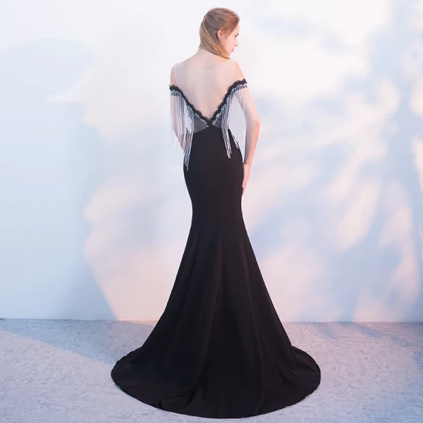 Sexy Black Evening Dresses 2018 Trumpet / Mermaid Scoop Neck Cap Sleeves Crystal Tassel Strapless Beading Pearl Sweep Train Backless Formal Dresses