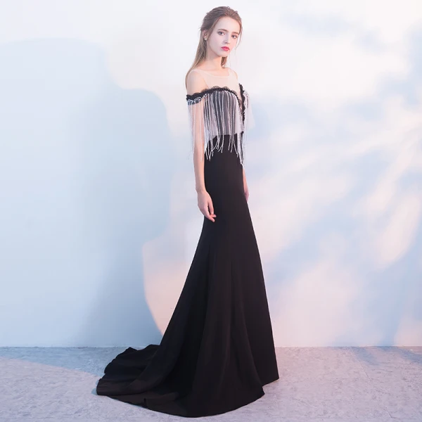 Sexy Black Evening Dresses 2018 Trumpet / Mermaid Scoop Neck Cap Sleeves Crystal Tassel Strapless Beading Pearl Sweep Train Backless Formal Dresses