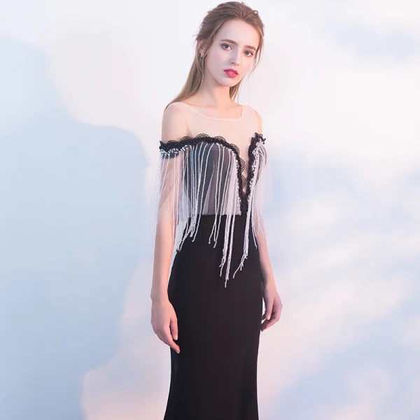 Sexy Black Evening Dresses 2018 Trumpet / Mermaid Scoop Neck Cap Sleeves Crystal Tassel Strapless Beading Pearl Sweep Train Backless Formal Dresses