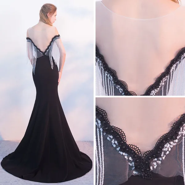 Sexy Black Evening Dresses 2018 Trumpet / Mermaid Scoop Neck Cap Sleeves Crystal Tassel Strapless Beading Pearl Sweep Train Backless Formal Dresses