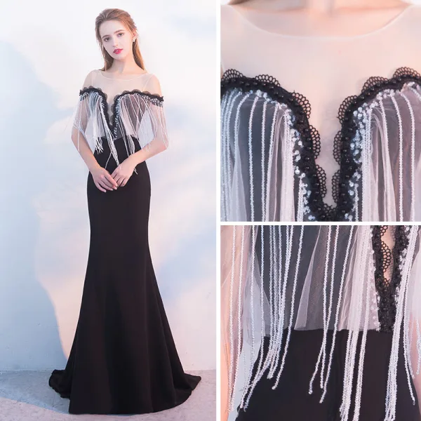 Sexy Black Evening Dresses 2018 Trumpet / Mermaid Scoop Neck Cap Sleeves Crystal Tassel Strapless Beading Pearl Sweep Train Backless Formal Dresses