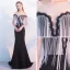 Sexy Black Evening Dresses  2018 Trumpet / Mermaid Scoop Neck Cap Sleeves Crystal Tassel Strapless Beading Pearl Sweep Train Backless Formal Dresses